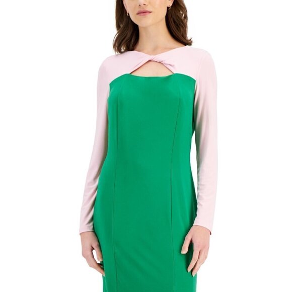 KASPER Women's Green and Pink Colorblock Knot-Neck Bodycon Dress NWT - Picture 2 of 7